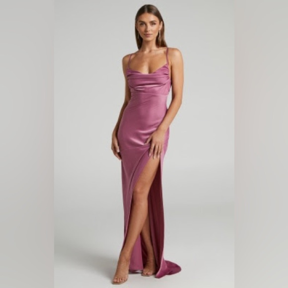 Showpo ARDENT MAXI DRESS - COWL NECK SATIN DRESS IN ORCHID (MISSING TIE STRING)